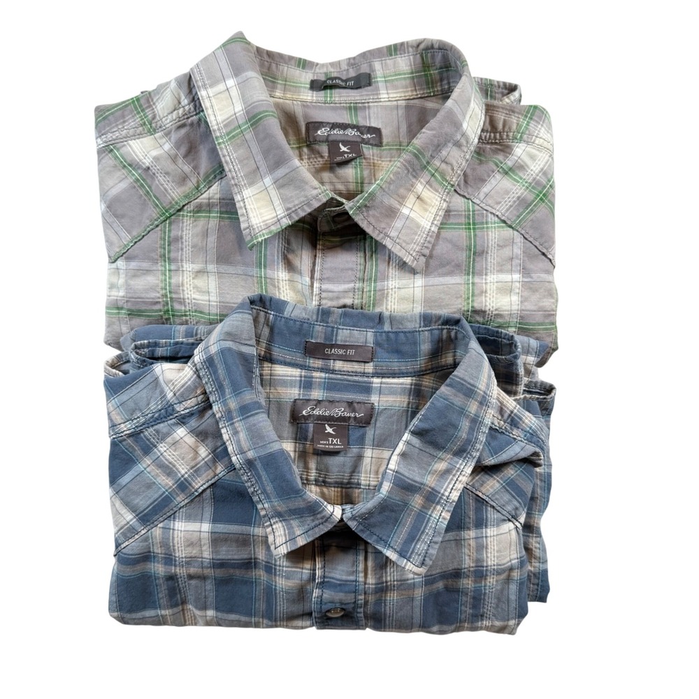Eddie Bauer‎ Men's Classic Fit Plaid Short Sleeve Pearl Snap Shirt TXL Lot of 2